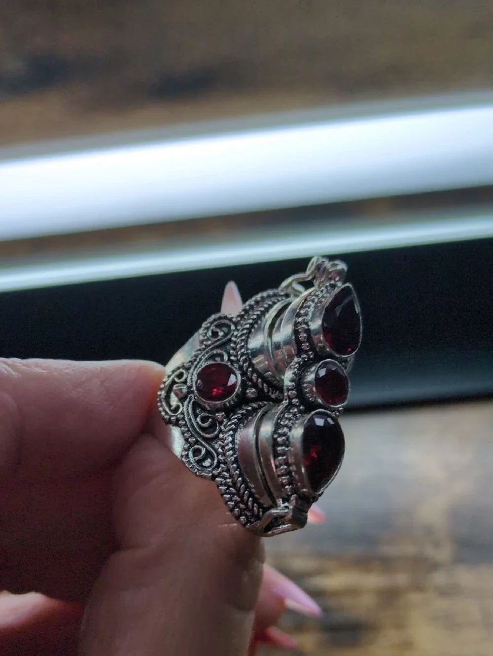 Vintage-Inspired Locket/Poison Ring with Red Garnet Stones+925 Silver